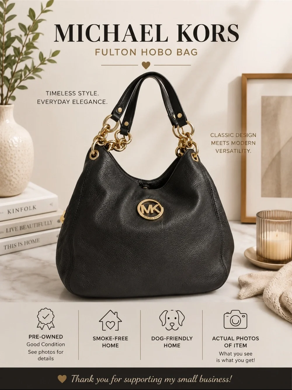 Michael Kors Black Leather Hobo with Gold Hardware